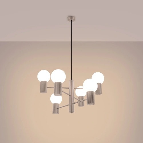 Nowoczesny żyrandol HALO 6 beżowy do salonu i jadalni z kulistymi kloszami szklanymi