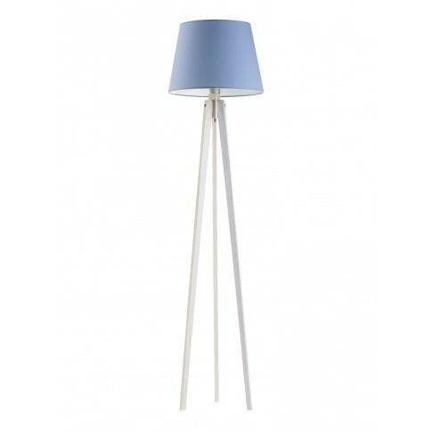Lampa stojąca do salonu Curacao nowoczesna drewniana z niebieskim abażurem Lysne 158 cm