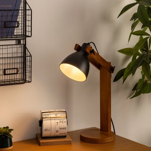 Lampka biurkowa Cuba Atmosphera czarna z drewnem sosnowym loftowa do gabinetu i sypialni 56 cm
