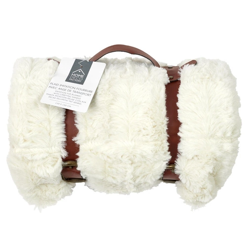 Koc Furry biały miękki koc polarowy na kanapę i łóżko z uchwytem Intesi 120x150