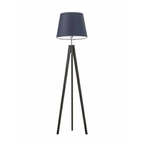 Lampa stojąca do salonu Aruba granatowa z abażurem drewniana trójnóg glamour Lysne 149 cm