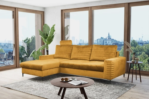Narożnik z funkcją spania Hald lewy nowoczesny welurowy żółty do salonu z pojemnikiem