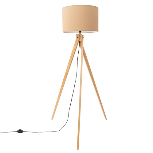 Lampa stojąca do salonu NATT nowoczesna drewniana trójnóg z abażurem taupe 140 cm