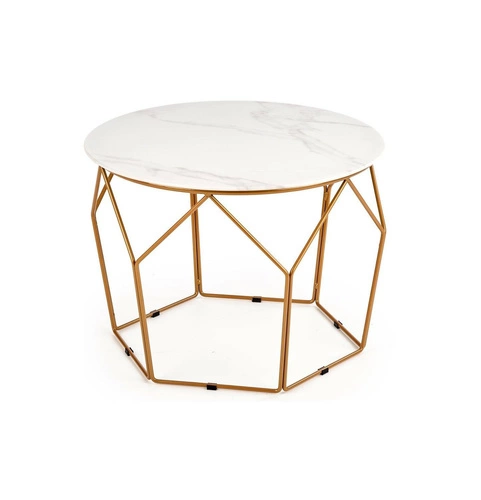 Stolik kawowy Safakis okrągły szklany biały marmur złoty nowoczesny glamour do salonu 60 cm