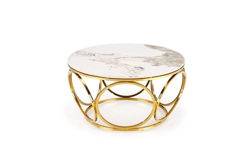 Stolik kawowy okrągły Deyn 80 cm biały marmur złoty nowoczesny glamour do salonu Intesi