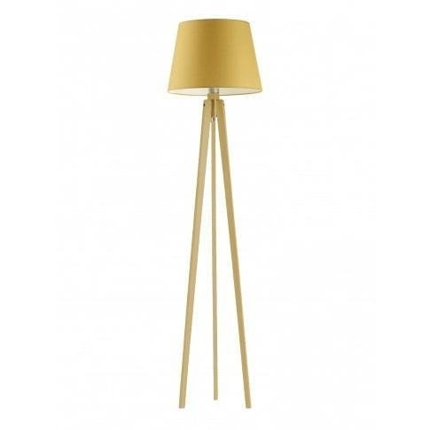 Lampa stojąca do salonu Curacao nowoczesna z abażurem musztardowym i dębowym trójnogiem