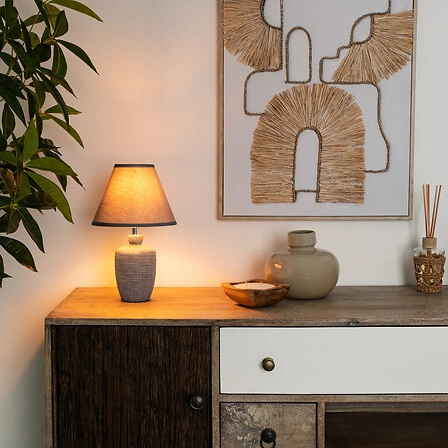 Lampka nocna ceramiczna Balvy szara z abażurem rustykalna do sypialni i salonu Atmosphera