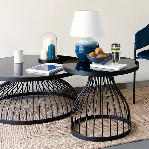 Stolik kawowy Kushi okrągły 90 cm czarny szklany nowoczesny loft do salonu Atmosphera