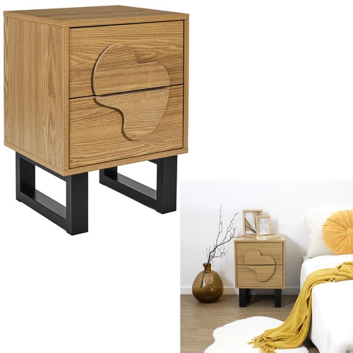 Szafka nocna Intesi Calypso 40 cm z 2 szufladami w stylu boho, naturalny dąb/czarny, elegancka i funkcjonalna do sypialni