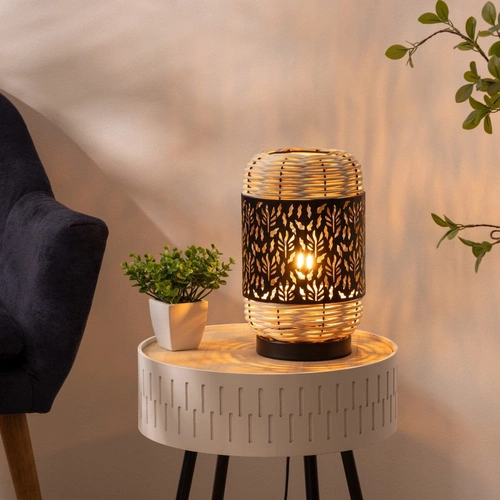 Lampka nocna Cosy Atmosphera czarna i rattanowa do sypialni nowoczesna boho na stolik