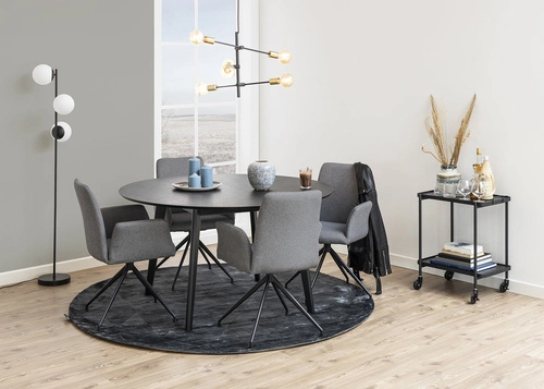 Krzesło tapicerowane Naya Actona do jadalni nowoczesne szare z podłokietnikami na czarnych nogach