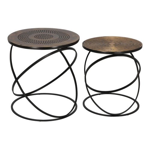 Zestaw 2 okrągłych stolików kawowych Etnik loft złoty czarny do salonu Atmosphera