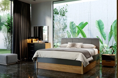 Łóżko małżeńskie tapicerowane Matle 160x200 z szufladami dąb i szary do sypialni