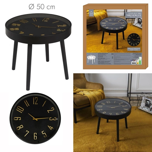 Stolik kawowy Telis okrągły czarny z zegarem nowoczesny do salonu 50 cm Intesi