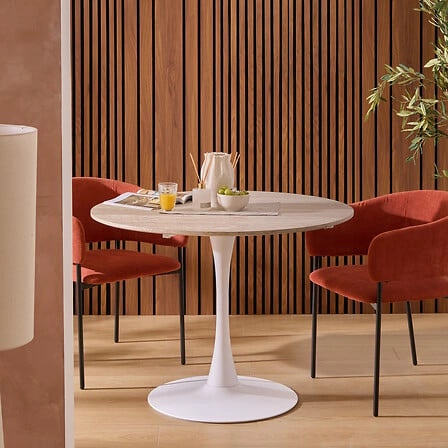 Stół okrągły Elias 102 cm nowoczesny biały trawertyn do jadalni i kuchni Atmosphera