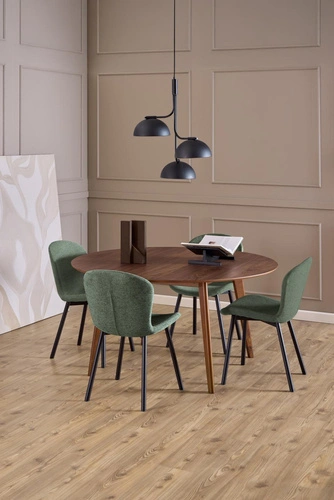 Krzesło Esra zielone tapicerowane do jadalni na czarnych metalowych nogach