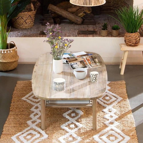 Stolik kawowy Banila prostokątny drewniany z półką do salonu nowoczesny akacja 120x70