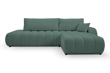 Narożnik z funkcją spania Hobro prawy zielony nowoczesny do salonu z pojemnikiem