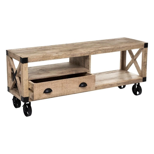 Szafka RTV drewniana Silas 140 cm do salonu nowoczesna rustykalna mango Atmosphera