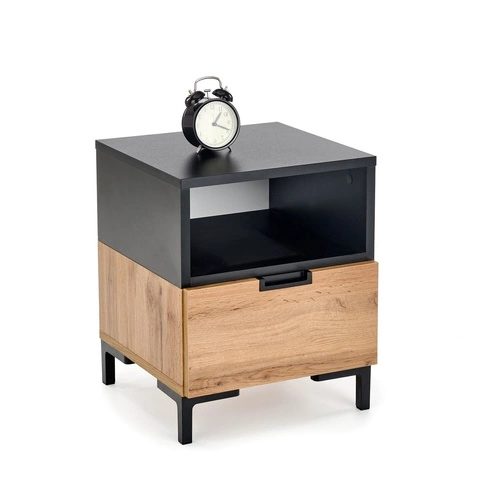 Szafka nocna Intesi Tisaia 40 cm dąb wotan/czarny z szufladami, nowoczesny styl do sypialni