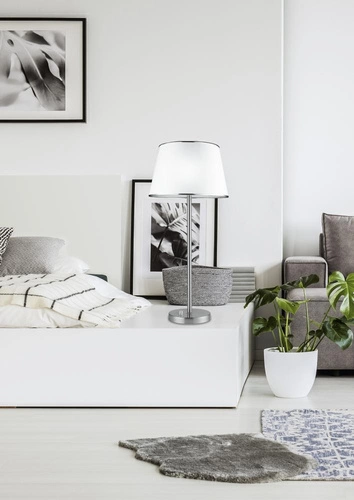 Lampa stołowa Ibis srebrna klasyczna z abażurem do sypialni i salonu ze ściemniaczem