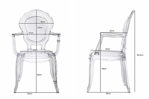Krzesło transparentne Queen Arm Intesi glamour z podłokietnikami do salonu sztaplowane
