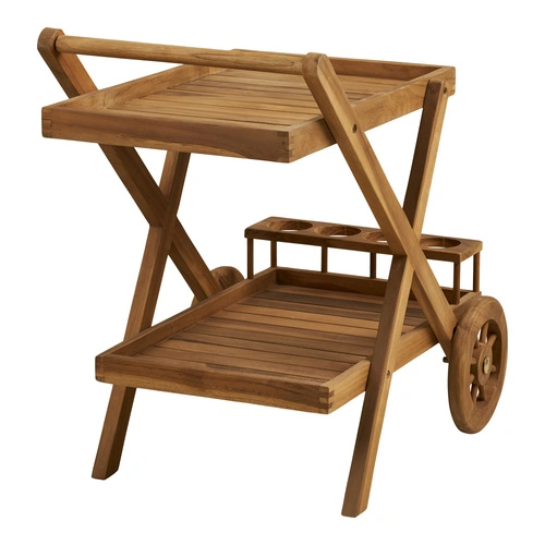 Wózek barowy Pasaku drewniany z drewna tekowego na kółkach do jadalni