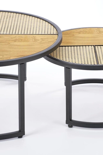 Zestaw 2 okrągłych stolików kawowych Namiga boho rattan dąb złoty i czarny do salonu 2w1