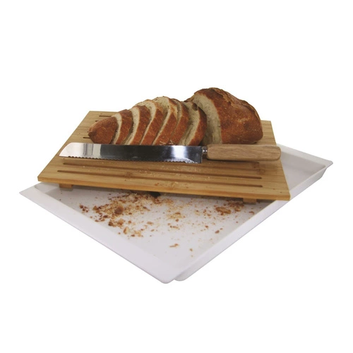 Intesi bambusowa deska do krojenia chleba z nożem i pojemnikiem na okruchy biała 38x27 cm