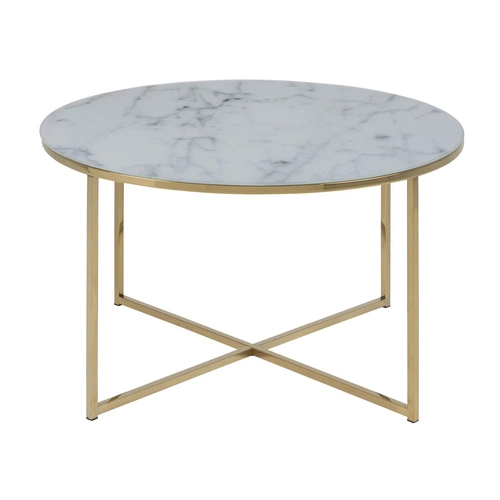 Stolik kawowy Alisma okrągły szklany biały ze złotą metalową podstawą glamour do salonu 80 cm