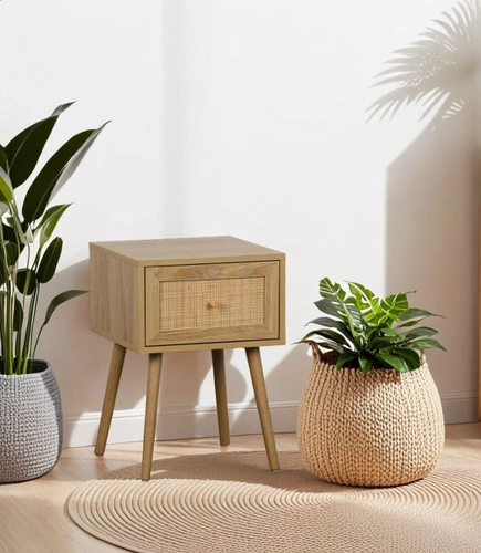 Szafka nocna boho Ballo Intesi z plecionym frontem i szufladą, naturalny dąb do sypialni