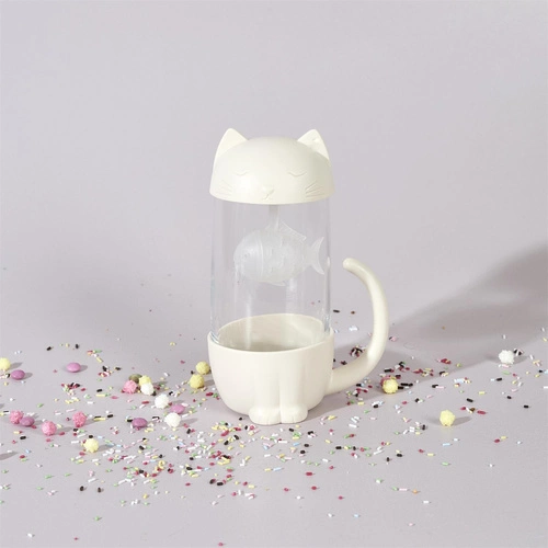 Kubek szklany Kawaii z zaparzaczem kotek z rybką 300ml do herbaty Intesi nowoczesny