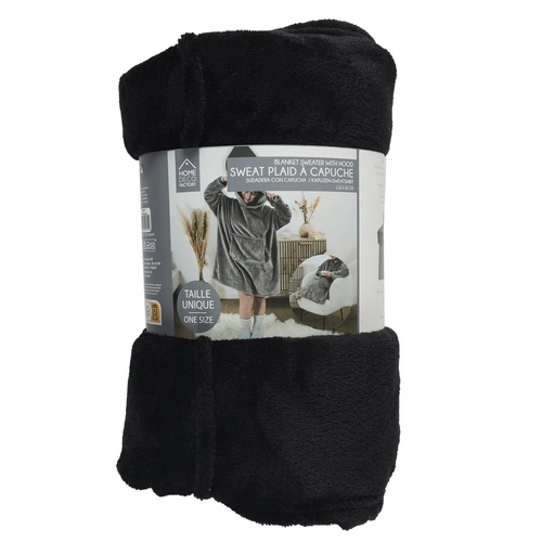 Czarna bluza koc Snuddie Intesi ciepły bluzo koc z kapturem do salonu na kanapę