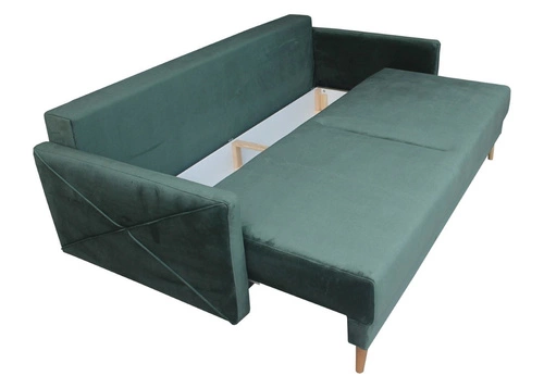 Sofa rozkładana z funkcją spania Saxo zielona 2 osobowa do salonu z pojemnikiem na pościel