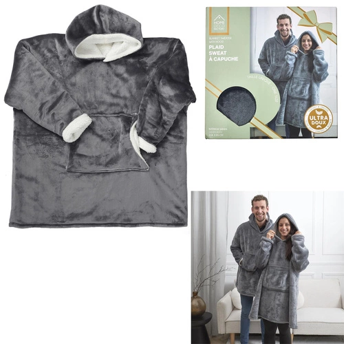 Intesi Snuddie ciepły bluzo koc z kapturem szary, miękki koc na kanapę do salonu