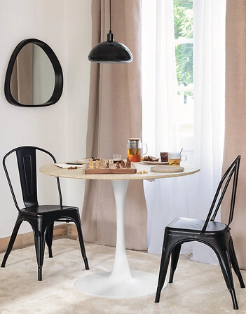 Stół okrągły Elias 102 cm nowoczesny biały trawertyn do jadalni i kuchni Atmosphera