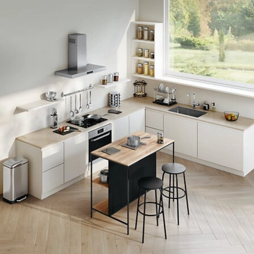 Wyspa barowa Aliaj industrialna do kuchni z półkami, prostokątny blat dąb i czarne nogi 95 cm