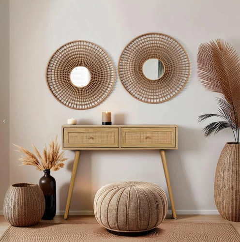 Konsola z szufladami Ballo boho rattanowa do przedpokoju i salonu, wąski stolik przyścienny