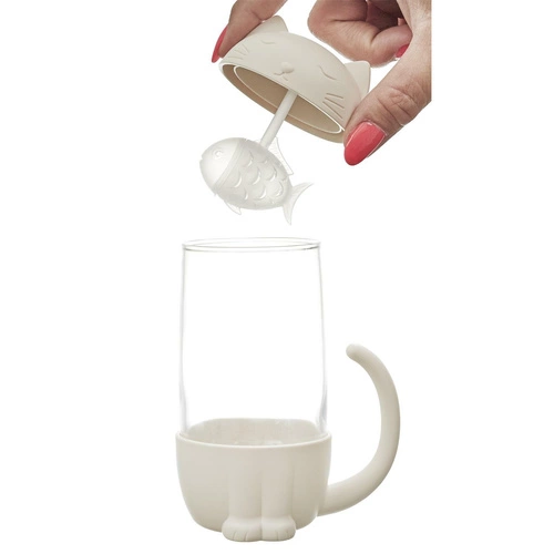 Kubek szklany Kawaii z zaparzaczem kotek z rybką 300ml do herbaty Intesi nowoczesny