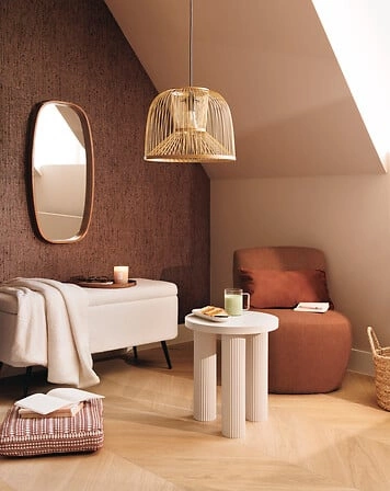 Fotel wypoczynkowy Leone Atmosphera tapicerowany do salonu nowoczesny boho terrakotta