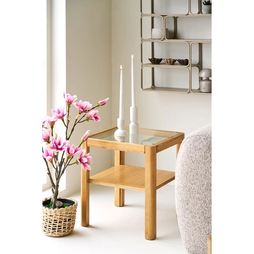 Stolik kawowy Lourmarin kwadratowy szklany dębowy skandynawski 40x40