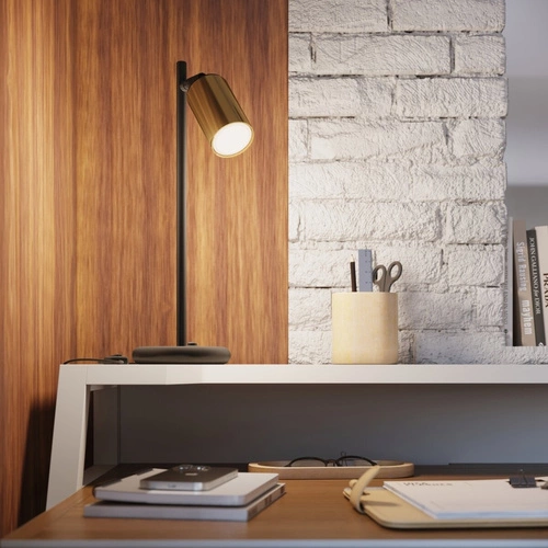 Nowoczesna lampa biurkowa WINX czarna ze złotem stalowa do gabinetu lub sypialni