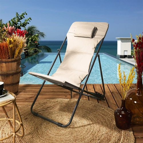 Leżak ogrodowy Grue beżowy składany z regulacją oparcia nowoczesny na taras i plażę Ventos