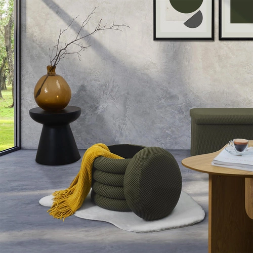 Pufa ze schowkiem Atom khaki okrągła tapicerowana do salonu i sypialni Intesi 42 cm