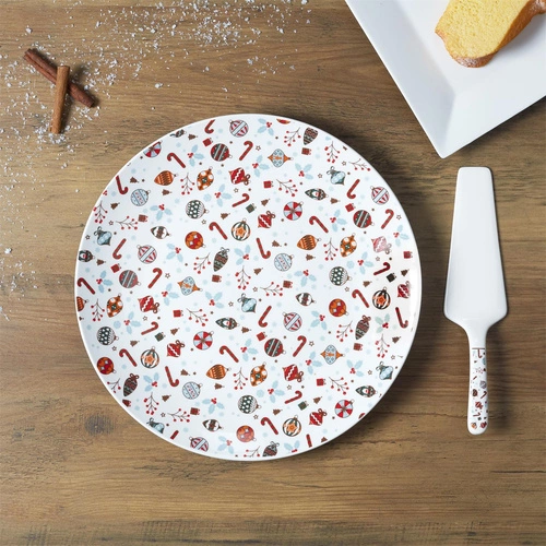 Talerz na ciasto z łopatką Intesi Świąteczny 30cm biały ceramiczny do jadalni