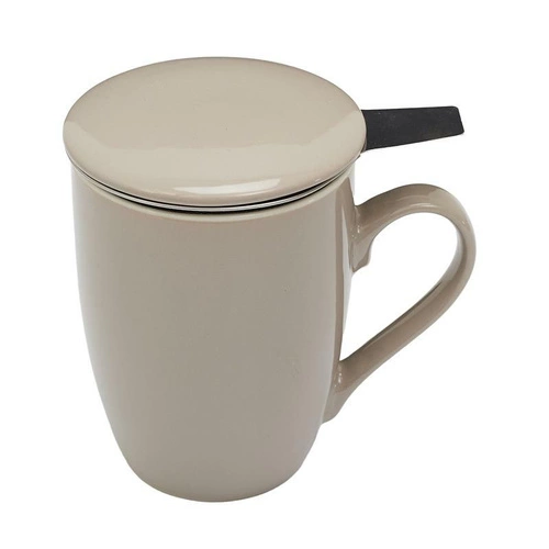 Kubek do herbaty z zaparzaczem i pokrywką Mira beżowy kamionkowy Intesi elegancki