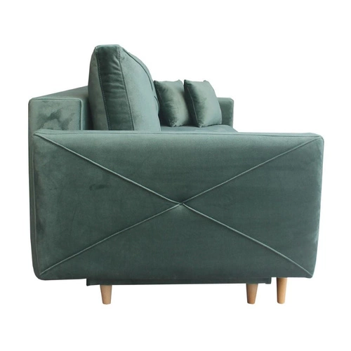 Sofa rozkładana z funkcją spania Saxo zielona 2 osobowa do salonu z pojemnikiem na pościel