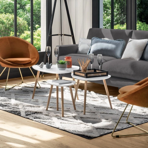 Zestaw 3 stolików kawowych Mileo S biały owalny skandynawski drewniany do salonu Atmosphera