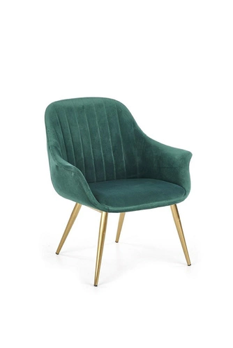 Fotel kubełkowy Dasco welwet zielony glamour do salonu z podłokietnikami na złotych nogach