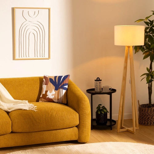 Lampa stojąca do salonu Molu Atmosphera biała drewniana skandynawska z abażurem 141 cm